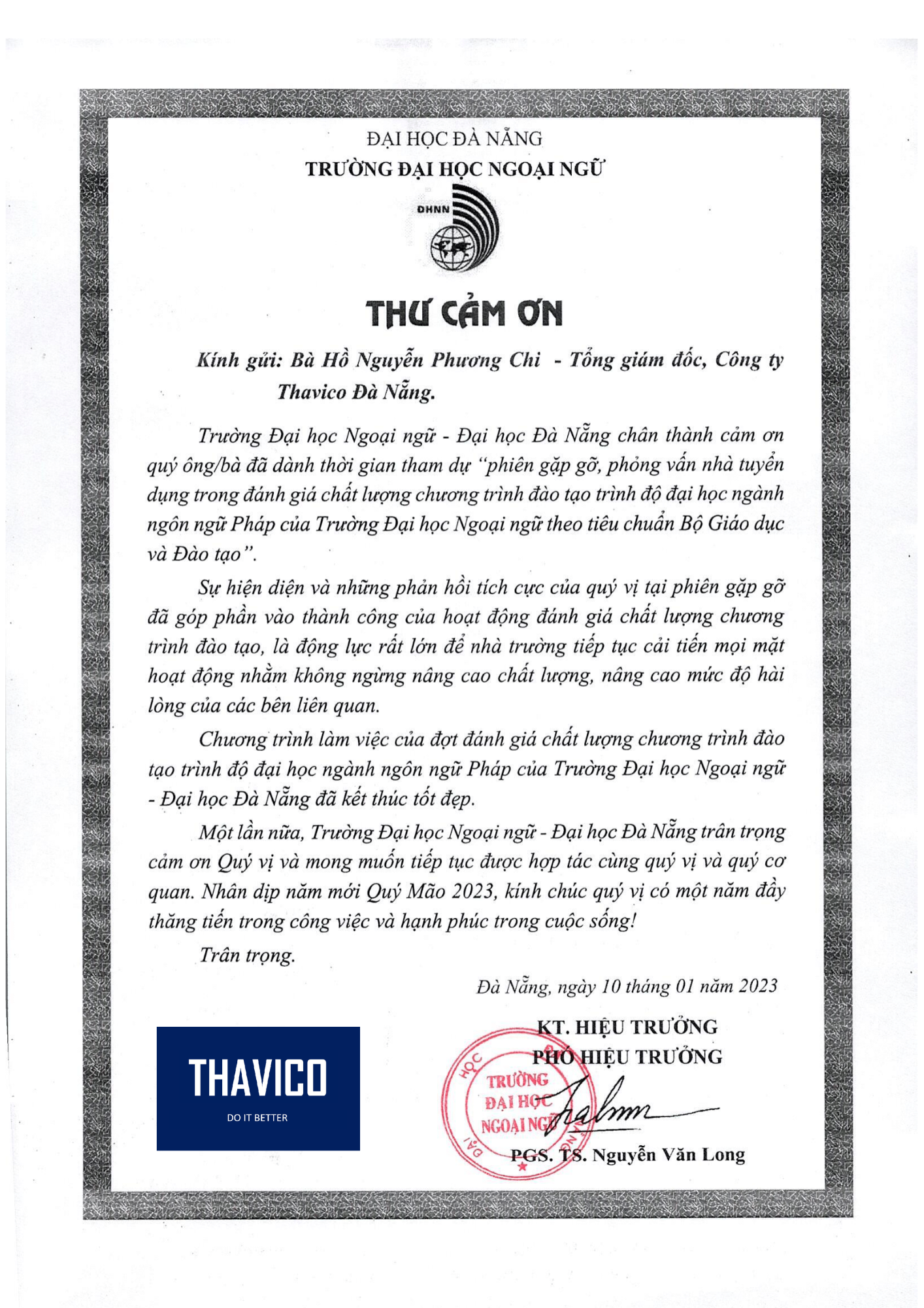 Thư cảm ơn cho những đóng góp của THAVICO từ Trường Đại học Ngoại Ngữ - Đại học Đà Nẵng